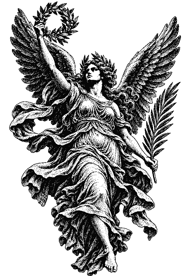 Winged Nike raising a laurel wreath