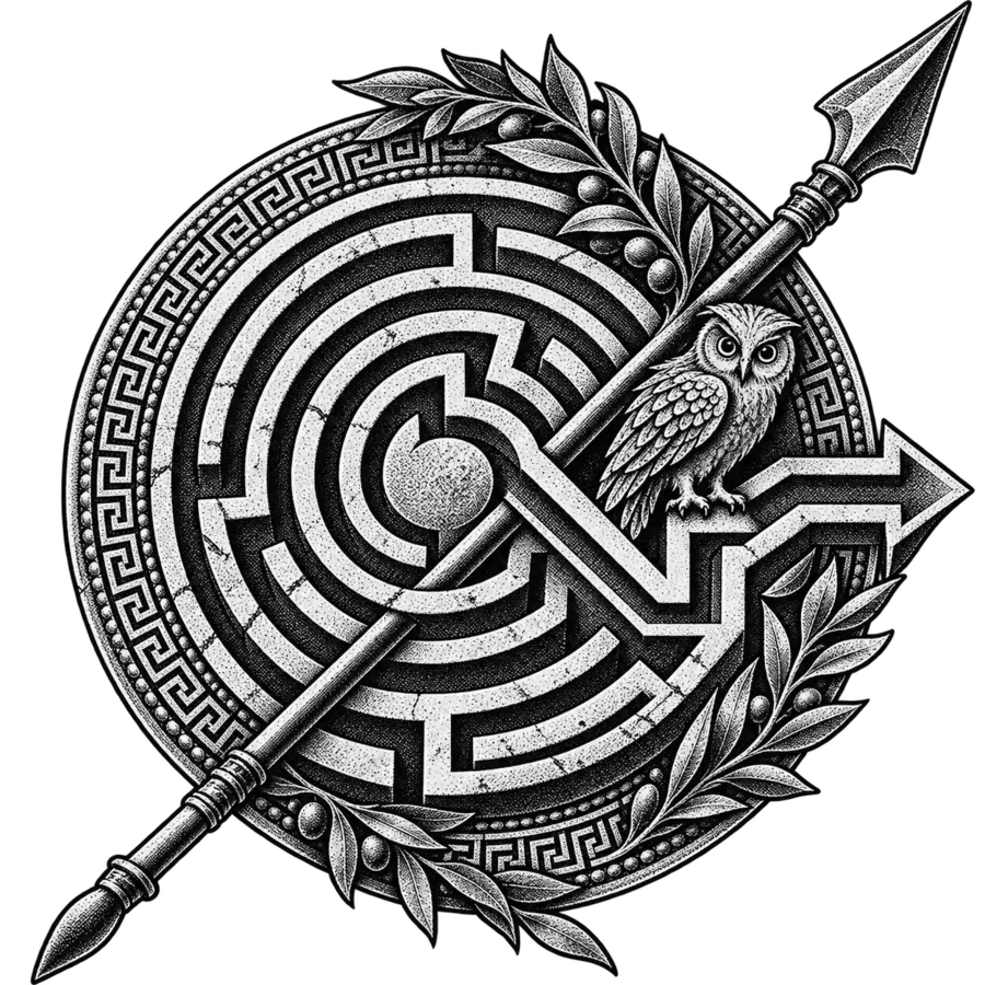 Labyrinth with a new exit, spear and owl