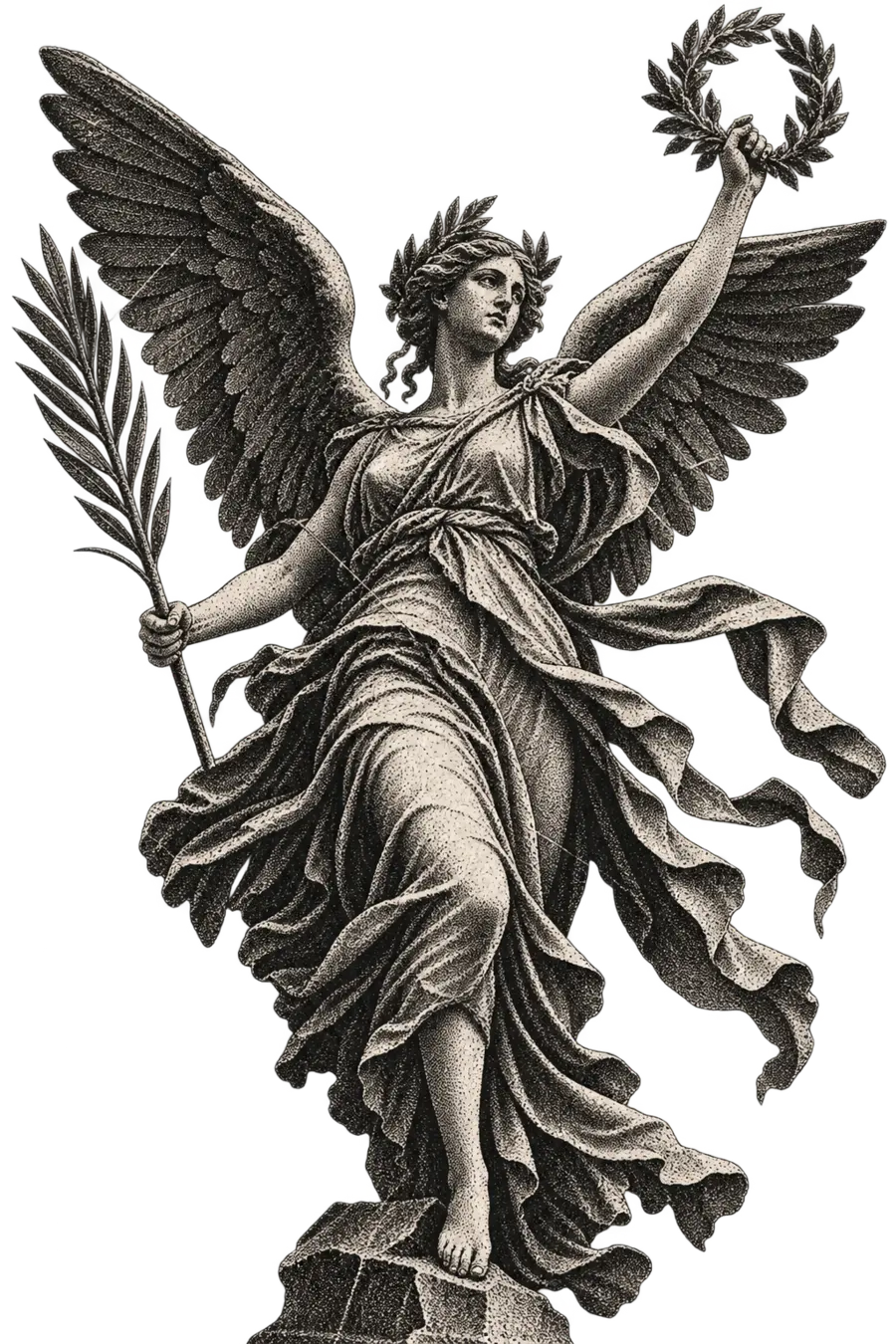 Engraved figure of Nike holding laurel wreaths